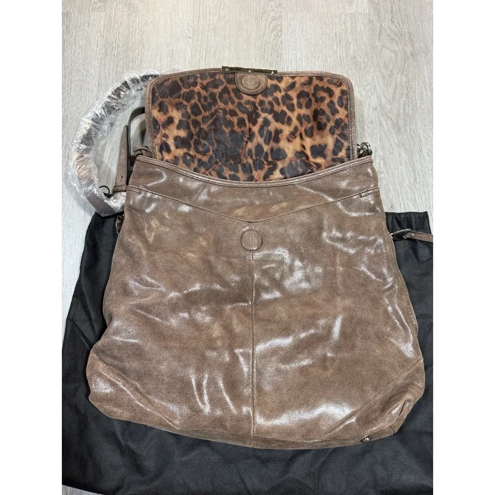B Makowsky Leather Shoulder Bag Brown Distressed Large Hobo Leopard Lining